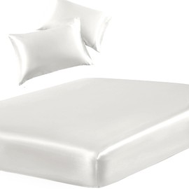 SiinvdaBZX 3-Piece Set Satin Twin XL Fitted Sheet & 2 Pillowcase, Ivory White Silky Soft Fitted Bottom Sheet Twin Extra Long Bed Sheets, Wrinkle Free, Fade Resistant (Deep Up to 15")