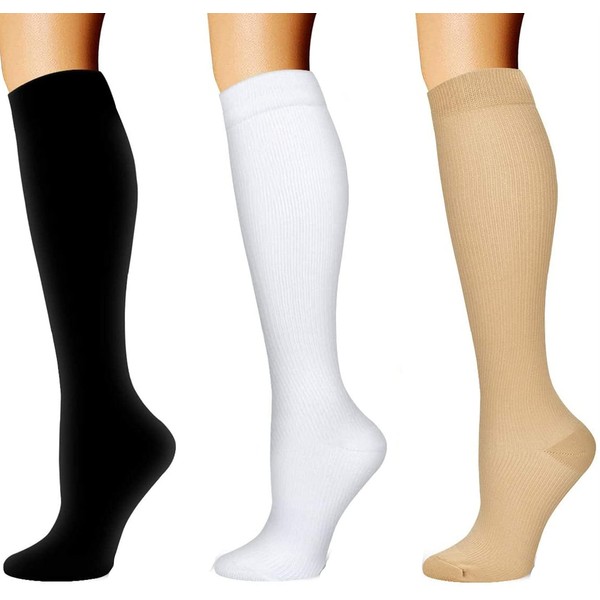 Compression Stockings Travel Socks Support Socks Compression Socks Running Sports Flight Travel Unisex 3 Pairs White Black Beige, Black / white / beige