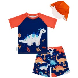 babygoal Little Boy Dinosaur Swimsuit 3-Piece for 3-4T Kids, Bathing Suit Set, Short Sleeves with Pants and Hat for Swim Lessons and Beach,YZK01-5-6Y-B