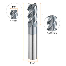 HARFINGTON Carbide Square Nose End Mill Bit 1/2" Cut Dia 4 Flutes TiAlN Coated Milling Cutter for Hardened Steel Metal (1/2" Shank 1" Cut Length 3" Long 45 Degree Helix HRC53-55)