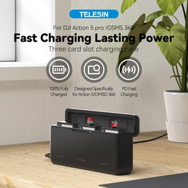 TELESIN Osmo Action 6 5 Pro Battery Charger for DJI Action 5 Pro/Action 6 Triple Slot PD 30W Fast Charging Case with Type-C Cord Batteries Case Fully Compatible with DJI Osmo Action 5 Pro Battery