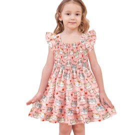 Girls Cat Summer Dress Cute Ruffle Sleeveless Pink Dresses Toddler Girl Princess Beach Sundress Summer Clothes (1580-6-7T)