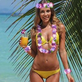 AWCIGG Hawaii Necklace Set, Yellow Green Purple Pink Hawaii Flower Chain Headband and Bracelet, Flower Chain with Green Leaves, High Density Hawaii Chain Flowers, Hawaii Luau Beach Party Decoration