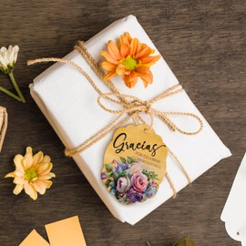 Summer-Ray 24pcs Wooden Thanks for Celebrating with Us Wedding Gift Tags with Peony Floral Printing (Spanish)