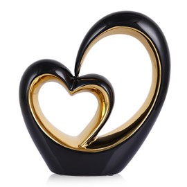 LCCCK Porcelain Double Heart Decor,Black and Gold Sculpture Home Decor for Living Room Entryway Coffee Dining Table Shelves, Wedding Anniversary, Valentine's Gift for Couples & Lovers Modern