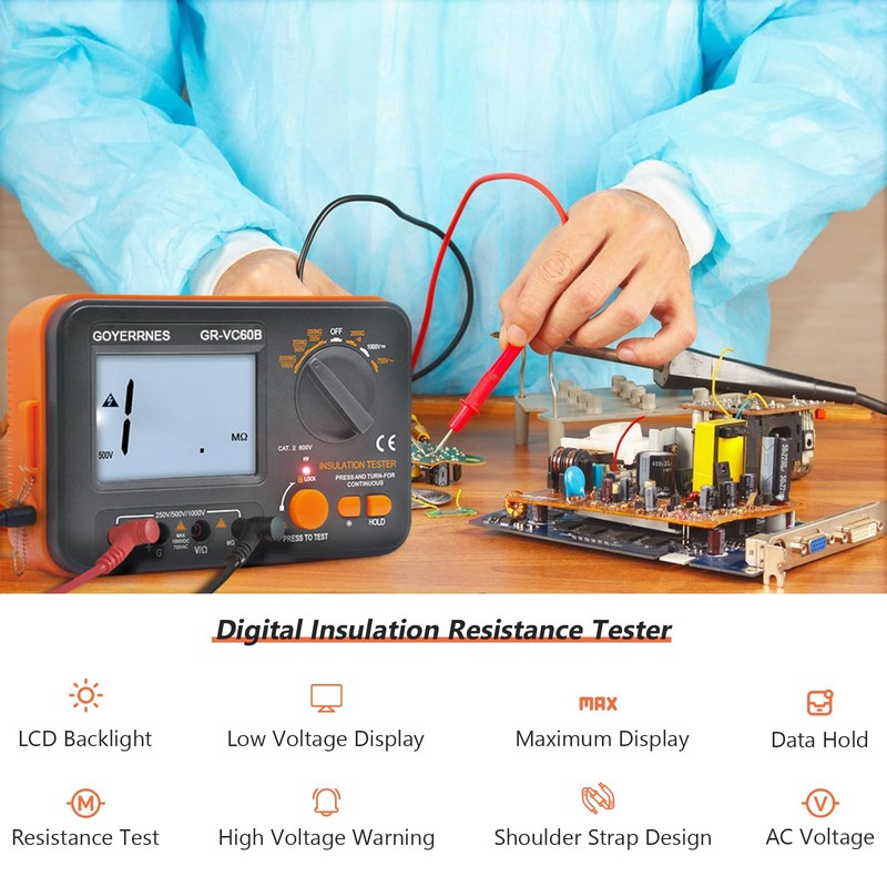Insulation Resistance Tester Digital Ohm Meter Megohmmeter GR-VC60B+ DCV Megohm