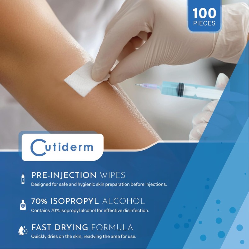 Cutiderm Pre-Injection Alcohol Wipes/Swabs Box of 100 Sachets