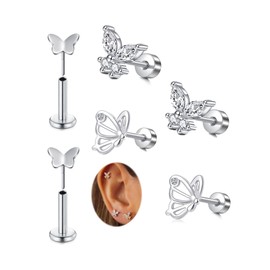 MODRSA Silver Cartilage Earring for Women Hypoallergenic Flat Back Earrings Threadless Helix Earring Tragus Studs 6mm Silver Cartilage Jewelry Flatback Surgical Steel Butterfly Earrings for Women