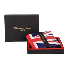Hudson & James Designer London Real Printed Leather Mens Wallet with Zip Coin Pocket Credit Carder Holder Bifold Purse UK Union Jack (Black)