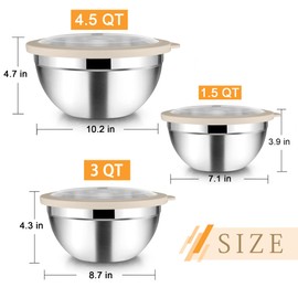 TeamFar Mixing Bowls with Lids, 4.5/3/1.5 QT Stainless Steel Nesting Salad Bowls with Airtight Lids, For Serving/Mixing/Storing/Prepping, Healthy & Sturdy, Visible & Easy Clean, Khaki, Set of 3