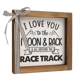 flangairy 6×6 Inch Car Themed Room Wall Decor, I Love You To The Moon And Back And All Around The Race Track Sign, Wood Boys Bedroom Decor for Home Table Shelf