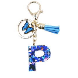 jtkdxqs A-Z Letter Keychain Crystal Blue with Tassel Butterfly Key Ring for Women Girls Cute Pendant,Letter P