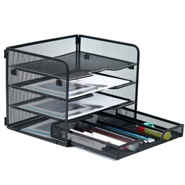 SETTFRFE Bandeja de papel de malla de 4 niveles, organizador de archivos de escritorio con un cajón deslizante, organizador de escritorio de suministr
