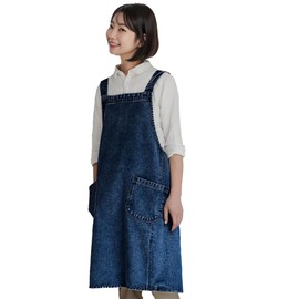 NAGAPO Denim Apron, Simply Slip-On, Denim, Large Size, Back Cross, Cafe, Men's and Women's, Slip-On, Stylish, Simple, Solid Color, Soft, Button-Free, Easy to Put On and Take Off, Pocket, Unisex, DIY