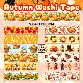 NIKOMIE 12 Rolls Autumn Washi Tape Set, Fall-Themed Decorative Tape Thanksgiving Pumpkins Masking Tape for Journaling Supplies, Junk Journal, Scrapbooking, DIY Arts & Crafts, Gift Wrapping
