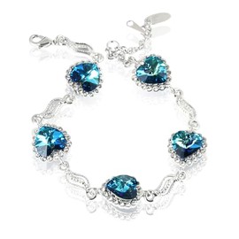 Blue Heart Crystal Bracelet for Women, 18K White Gold Plated Sparkling Sapphire Color Birthstone Link Bracelet, Adjustable "Something Blue" Jewelry Gift for Wedding, Anniversary (7.5"-8.5") B63
