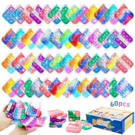60Pcs Party Bag Fillers for Kids, Pop Keyring Fidget Toy, Mini Pop Sensory Toys for Autism, Square Pop Stress Relief Toys, Fidget Keyring Fidget Toys Pack, End of Year Gifts for Children, Color Random