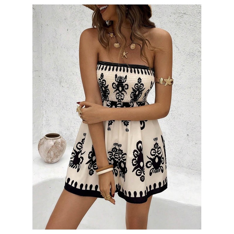 SHENHE Women's Strapless Smocked Wide Leg Flowy Tube Top Romper