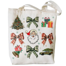 PaJiaNi Christmas Tote Bag,Santa Claus Bow Tote Bag,Christmas Gifts for Women,Reusable Grocery Bags Shopping Bags,15.7x13.7 Inch