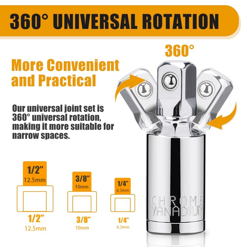 3PCS Universal Joint Socket Set, 1/4” 3/8” 1/2” Drive Swivel