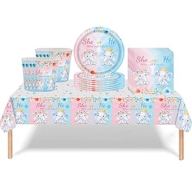 53Pcs Elephant Baby Shower Gender Reveal Party Tableware for Girls,Boys-She or He Gender Reveal Theme Tableware Decorations for Party Table Cloth,7inch Plates,Napkins,Cups Dinnerware Party Supplies