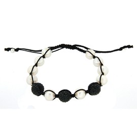 Black Shamballa Black Cord with Freshwater Pearls and Black Crystals Adjustable Bracelet of 7.13cm/3"