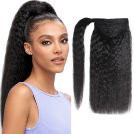 Loxxy Human Hair Ponytail For Black Women Thick Long Kinky Straight Ponytail Extensions Wrap Around Magic Snap Pony Brazilian 100% Remi Hair Natural Black #1B 18Inch 100g