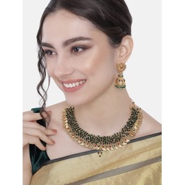 I Jewels Womens 18K Gold Plated Indian Wedding Bollywood Brass Pearl Choker Necklace With Earrings (Mc109G) Green
