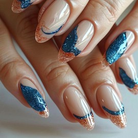 MERVF Almond Press on Nails Medium Fake Nails Gold French Tip Glue on Nails Blue Glitter Press ons Island Beach Design Stiletto Acrylic False Nails for Women Glossy 24pcs