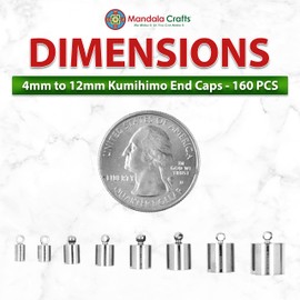 Cord End Cap for Jewelry Making, Kumihimo End Cap Finding Kit for Leather, Tassels; Silver 4mm to 12mm 160 PCs by Mandala Crafts