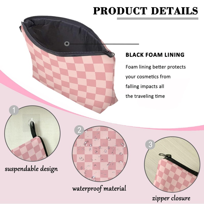 BOONEST Pink Checkered Makeup Cosmetic Bag Girly Aesthetic Cute Pouch