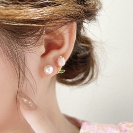 Tulip Earrings for Women Pearl Earrings for Girls Front Back Earrings Pink Flower Pearl Stud Cuff Earrings for Women Gift for Her