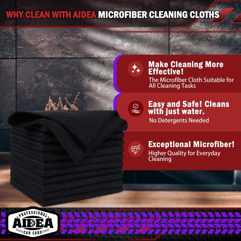 AIDEA Microfiber Cleaning Cloth Black 50PK, Microfiber Towels for Cars,