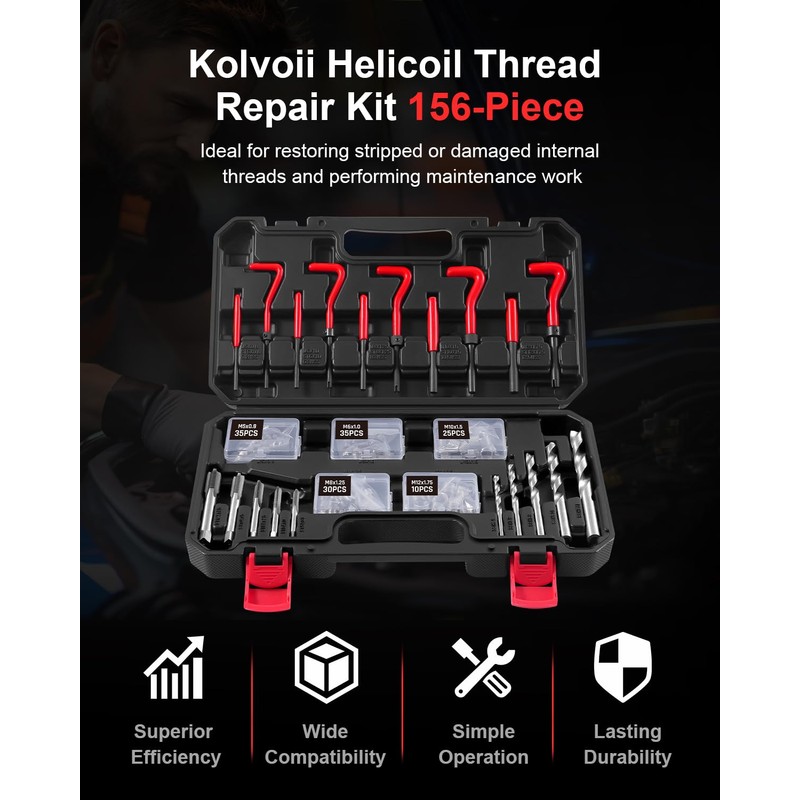 Kolvoii Helicoil Thread Repair Kit 156-Piece Metric Heli Coil Repair