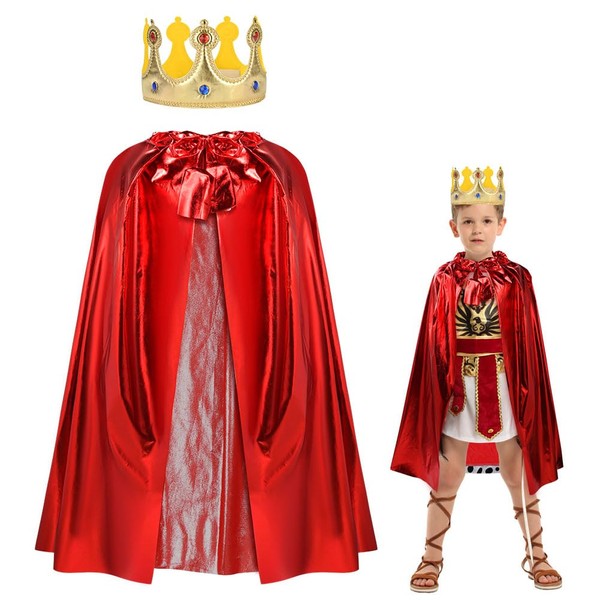 AOOWU Kids King Cape, Children's King Costume with Crown, Red Velvet Royal Robe for Boys Girls, Medieval Prince King Queen Cape Cloak Coat for Halloween Fancy Dress Cosplay Party Carnival, 80cm