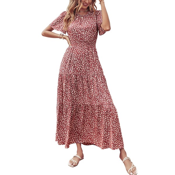 PRETTYGARDEN Women's Summer Casual Short Flutter Sleeve Round Neck Smocked