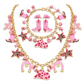 BVGA Western Jewelry for Women Boho Vintage Pink Cowgirl Necklace Bracelet Earrings Western Cowgirl Accessories Country Vintage Outfits Party Favors Gifts (Style C)