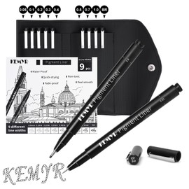 KEMYR 9 Micro Fine liner Drawing Art Pens Calligraphy Pens: 0.05mm-BR Size Black Art supplies Waterproof Archival Black Ink Markers For Artists,Use for Professional Watercolor,Sketching