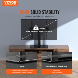 VEVOR Universal TV Mount for 32-55 inch TVs, Height Adjustable Swivel Stand with Tempered Glass Base for Bedroom, Living Room