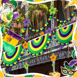 Jutom 52 Pcs Mardi Gras Party Decorations, Includes 8.4 ft Mardi Gras Jumbo Bead Garland 12 Pcs Plastic Mardi Gras Flowers and 4 Pcs Mardi Gras Polyester Bunting Flag for Indoor Outdoor Fence Parade
