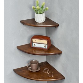 Corner Shelves, Floating Corner Shelf, Set of 3 Solid Oak Wood Corner Wall Shelves, Round End with Wire Hole Shelving for Small Plant for Bedroom Kitchen, Living Room (Size 9/10/12in)