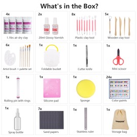 Air Dry Clay Kit for Adults,66 Pcs Beginners Pottery Kit,Craft Clay Kit Includes 4.4Lbs Air Dry Clay,Tools, Paints,Brushes,Gloss Varnish,Sand Papers,Non-stick Rolling Pin,Storage Bag,Christmas Gift