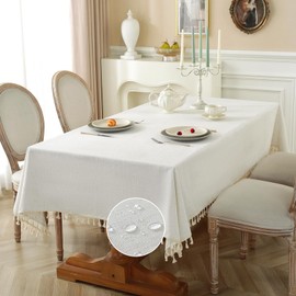 Laolitou Textured Table Cloth for Rectangle Table, Heavy Duty Farmhouse Tablecloth Solid Cotton Linen Waterproof Wrinkle Free Burlap Table Cover for Kitchen Dining,Party, Ivory 55''x75'',4-6 Seats