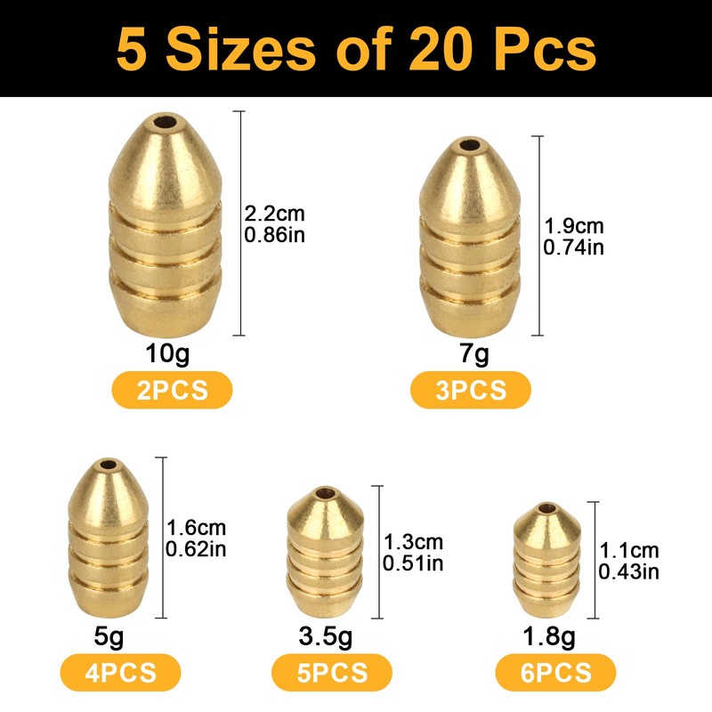 Realure 20 Pcs Brass Bullet Fishing Weights Sea Fishing Weights