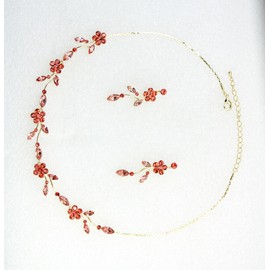 Faship Gorgeous Coral Rhinestone Crystal Floral Necklace Earrings Set - Coral/Gold Plated