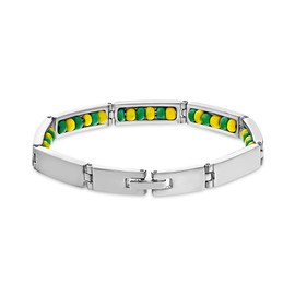 Stainless Steel Link Green & Yellow Beads Babalawo Orula Bracelet 7" - Wonderful and Meaningful Beaded Bracelet Jewelry Protection for Adult Men and Women