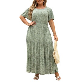Nemidor Plus Size Maxi Dresses for Curvy Women Summer Casual Boho Ditsy Floral Print Layered Flared Long Dress with Pocket(304,26,Green White)