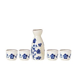 TJ Global 5-Piece Sake Set, Durable Ceramic Japanese Sake Set with 1 Carafe/Decanter/Tokkuri Bottle and 4 Ochoko cups for Hot or Cold Sake at Home or Restaurant - White with Blue Flowers