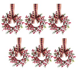 Egolot 6 PCS Christmas Cabinet Wreaths Set for Kitchen Window Wall, 9 Inch Mini Xmas Candle Rings with Red Berries, Christmas Small Ribbon Wreath for Cabinets Fireplace and Chair