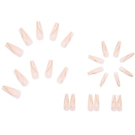 DANMANR Long Press on Nails Square French Fake Nails Full Cover Nude Acrylic False Nails for Women and Girls 24PCS (Gold Swirl)